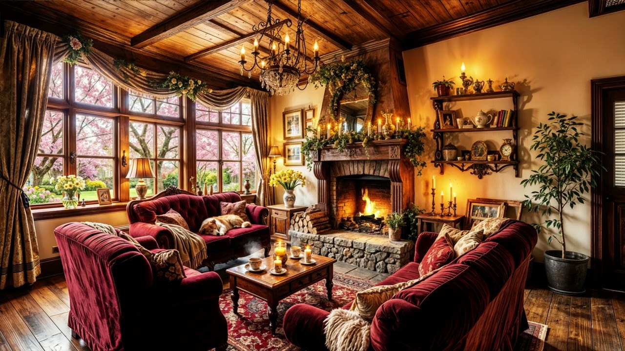 Spring Serenade: Peaceful Piano and Cello in a Cozy Parlor by a Blooming Garden