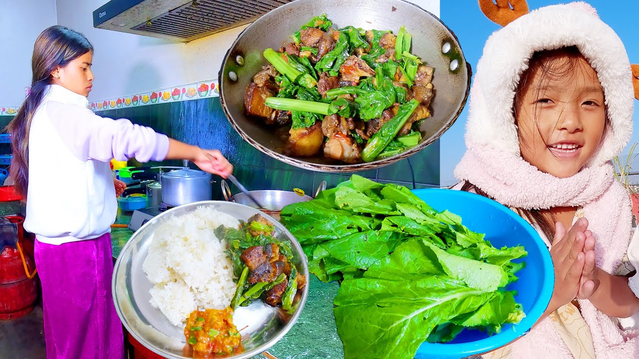 sumnima cooks pork mustards mic curry and rice for brothers & sister || natural cooking recipe ||