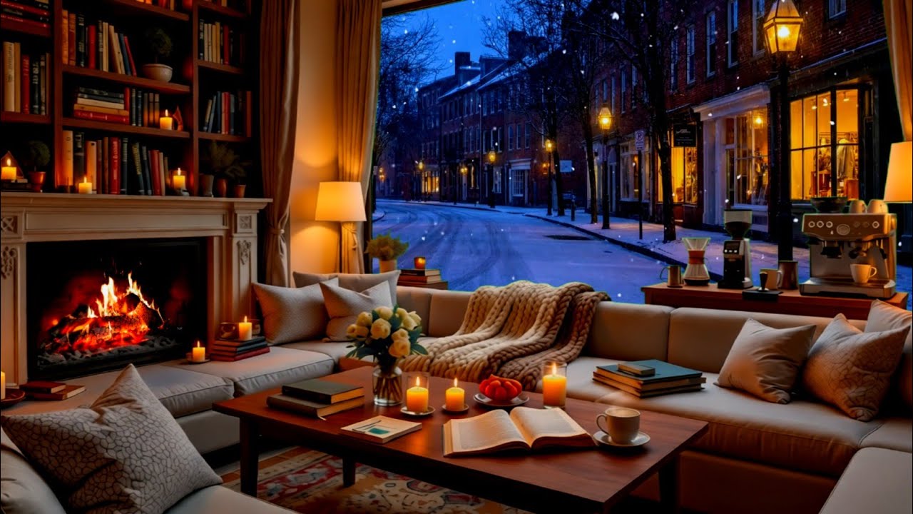 Fireplace & Jazz Music | Winter Coffee Shop Ambience For Sleep, Focus, & Relax ❄️☕