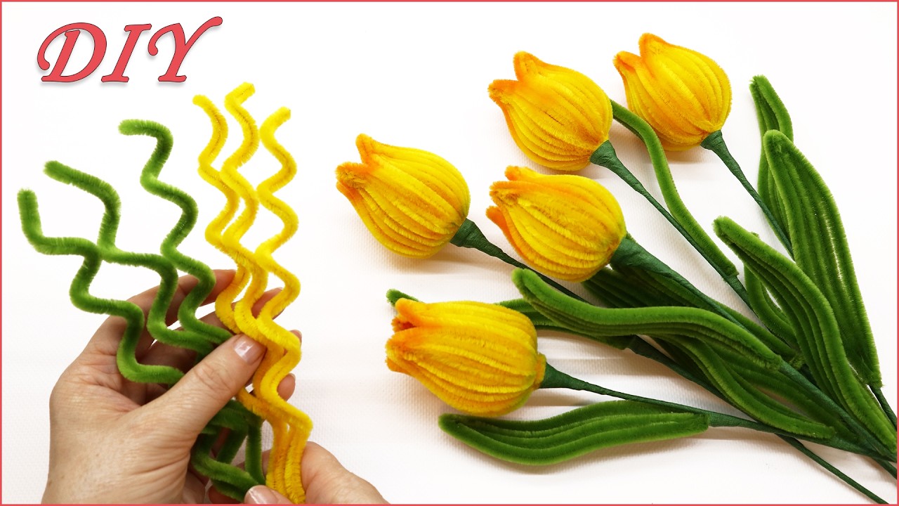 💐ЖЕЛТЫЕ ТЮЛЬПАНЫ своими руками 💐 Букет из тюльпанов, сделанный из синельной проволоки