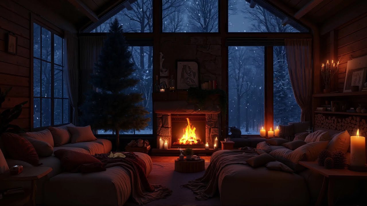 Tranquil Snowstorm Nights 🌙 Cozy Cabin with Crackling Fire & Soft Jazz | Deep Sleep