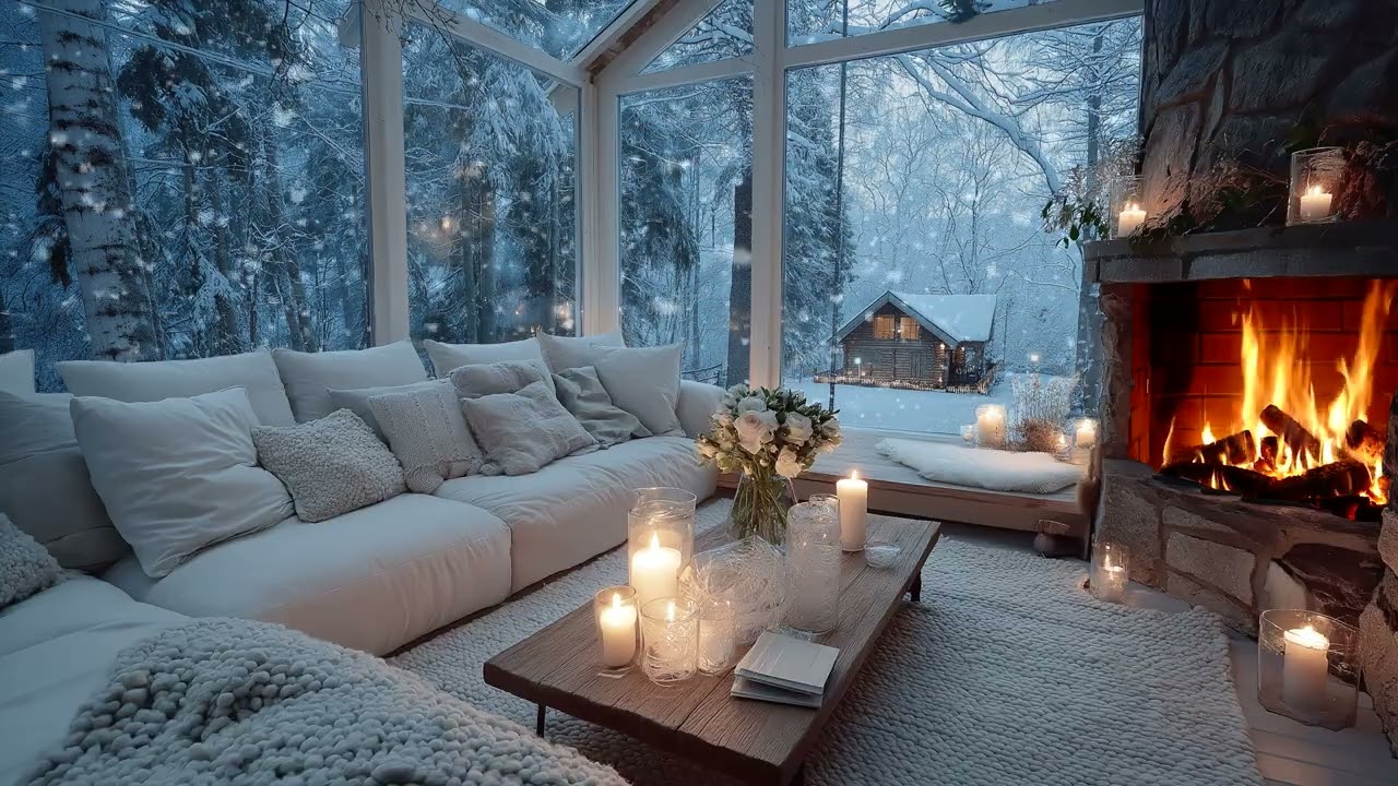 ❄️🔥 Peaceful WHITE LOUNGE Piano Music | Snowy Window & Cozy Fireplace for Relaxation & Sleep