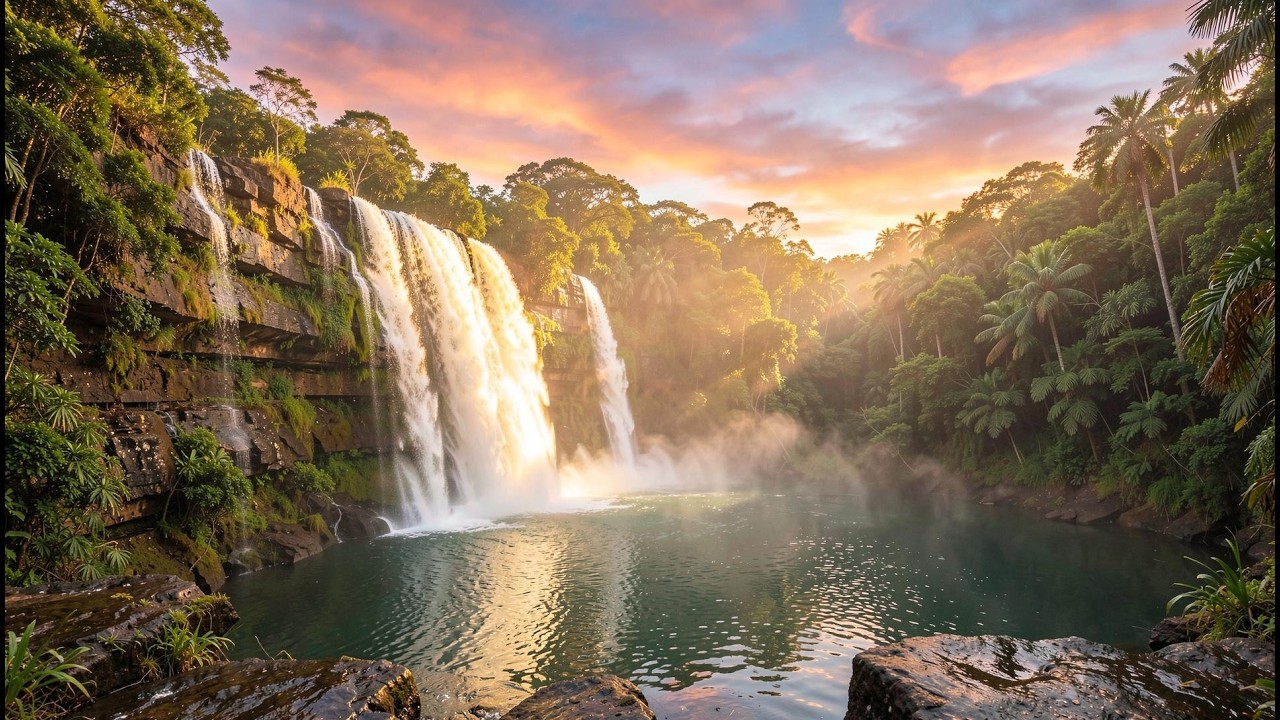 Golden Sunset Waterfall 🌅 Relaxing Tropical Jungle Lagoon | 4K Ambient Nature Visual
