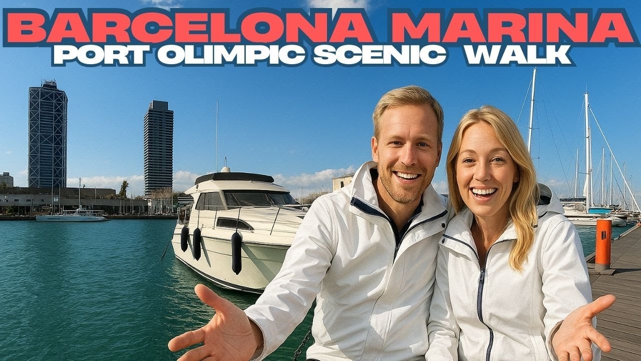 Barcelona Port Ol&iacute;mpic Walking Tour. Scenic Marina Walk With Cool Facts. Spain 4K