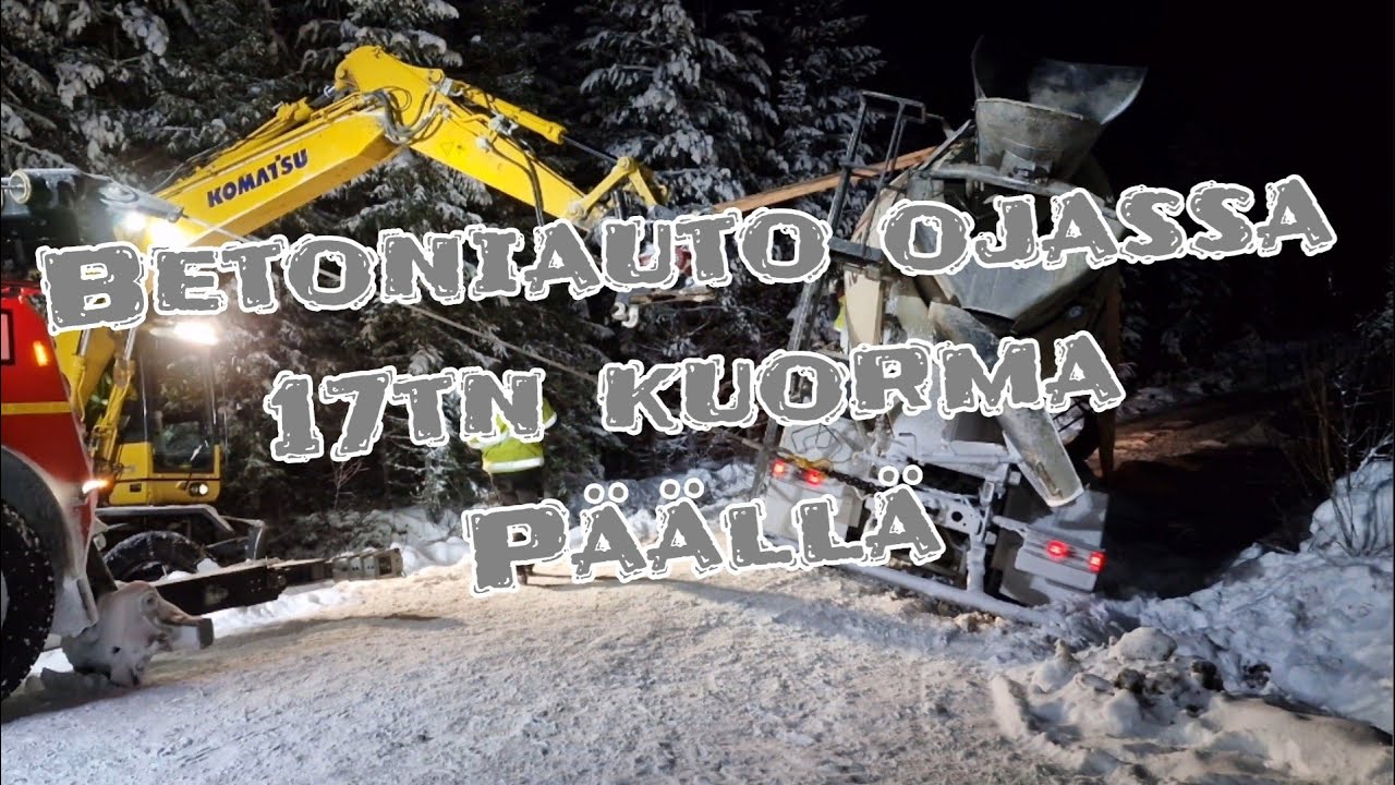 Concrete truck in ditch with 17t cargo - Betoniauto ojassa 17tn kuorma päällä - RASKASHINAUS.FI