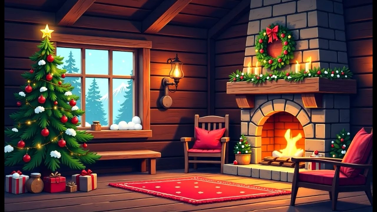 Warm Fireplace & Cheerful Jazz Music | Festive Winter Cabin Atmosphere