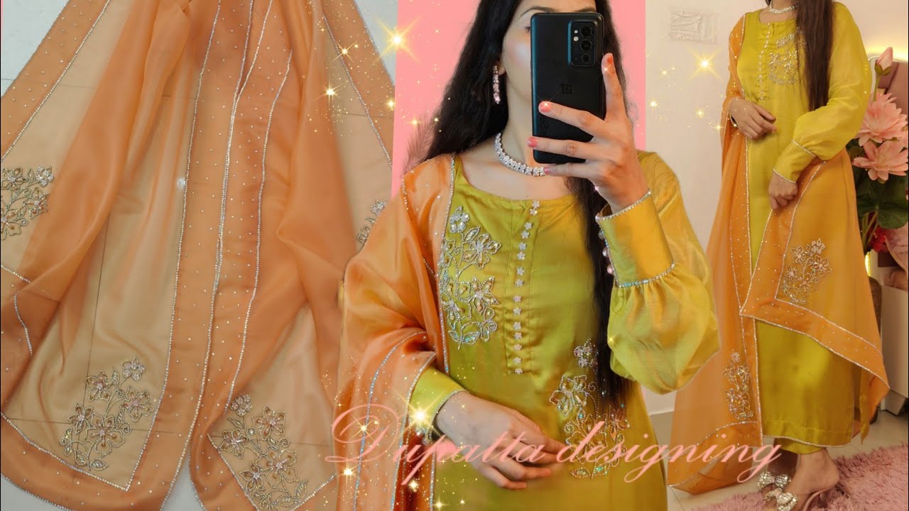 Hand embroidery dupatta designing/beautiful organza dupatta embroidery/ embellished duptta design