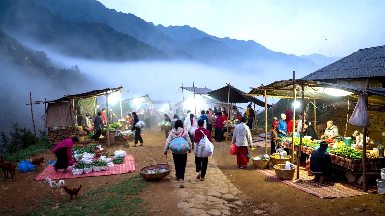 Highland market at dawn / Simple goods and colorful brocade fabrics