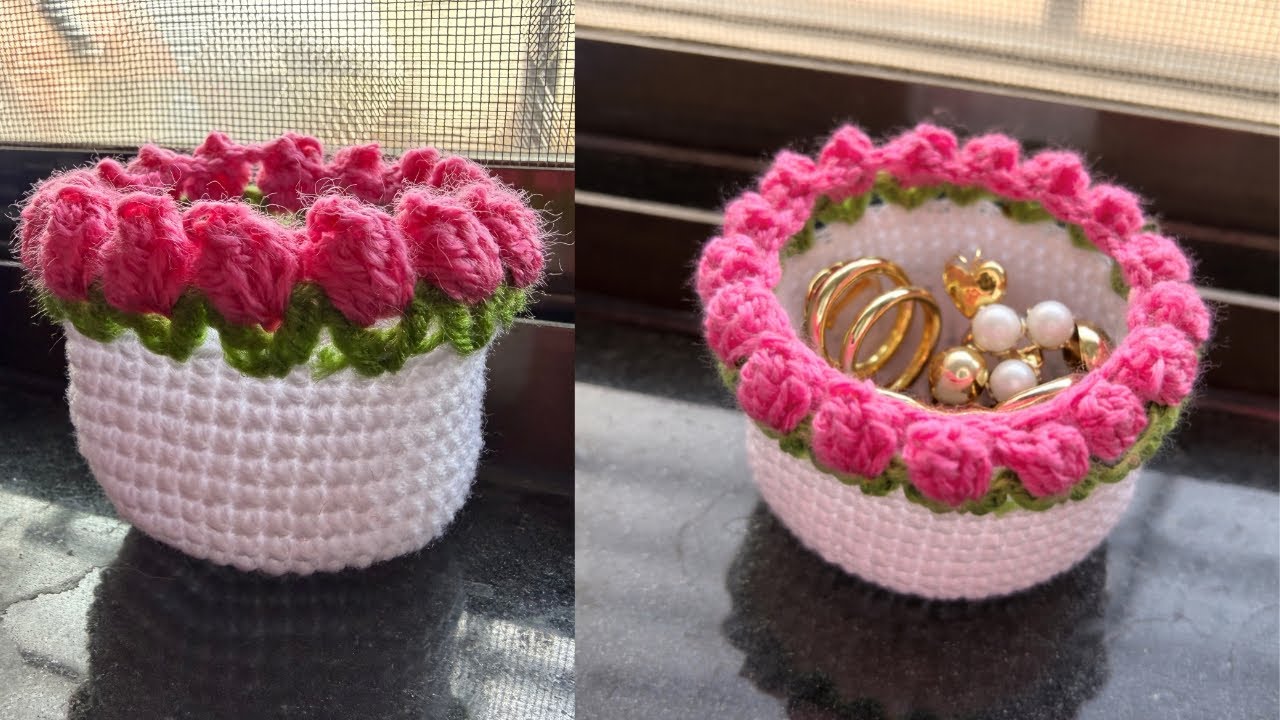 Crochet Tulip Flowers Container | Handmade Crochet Flowers Container 