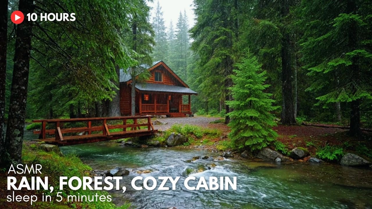 Cozy Cabin Rain ASMR | Heavy Rain & Gentle River Sounds for Sleeping | 10 Hours Deep Relaxation