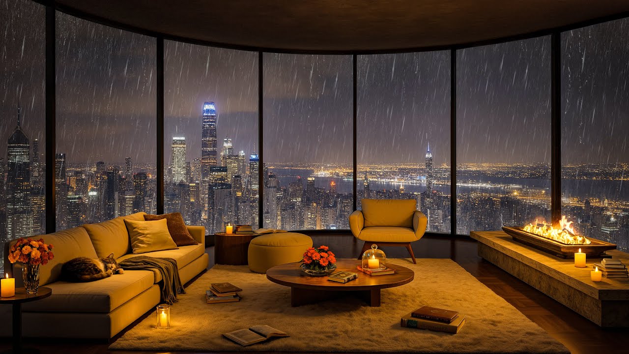 🌧️ Rainy Night Jazz | Cozy Penthouse Lounge with Fireplace & City Skyline Views