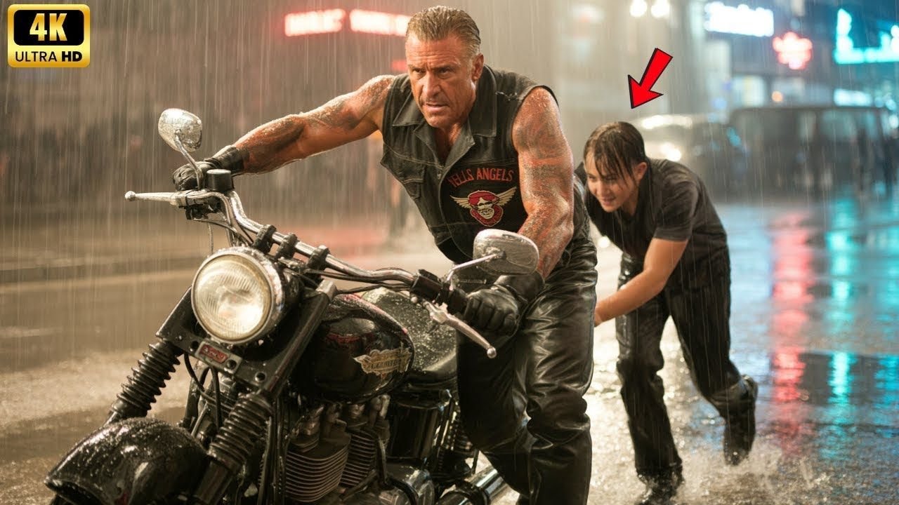 Teenager half, ein kaputtes Motorrad im Regen zu schieben… ohne zu wissen, dass es einem Hells Angel