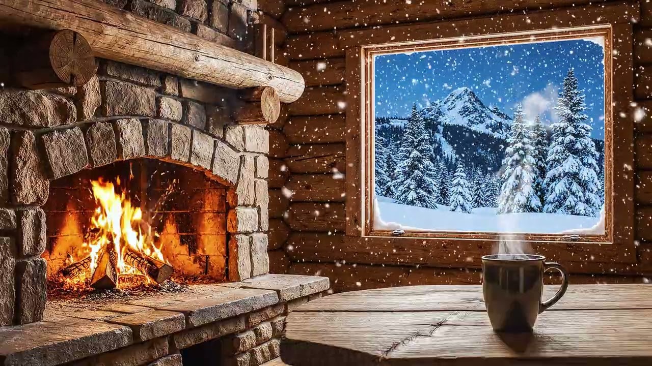 8 Hours of Cozy Fireplace & Snowing Outside 🏔️ Cabin Ambience for Sleep & Study (AI Experience)