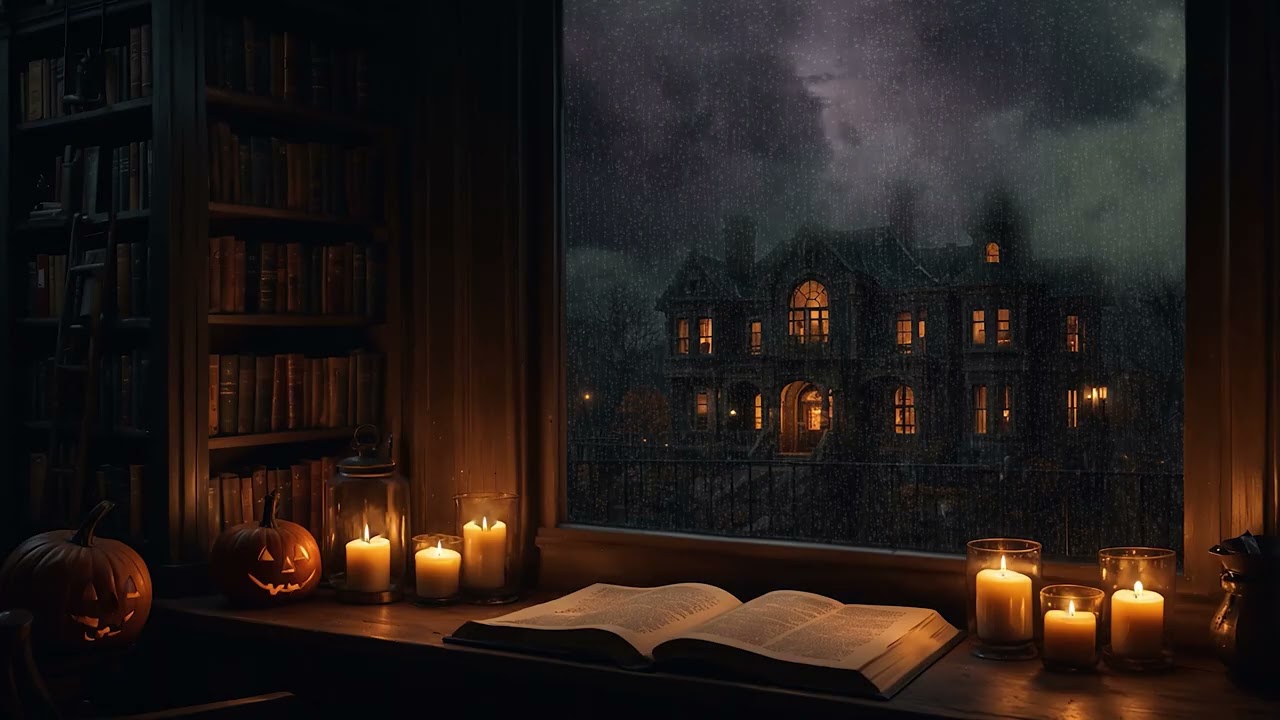 Cozy Spooky Halloween Ambience 🎃 Thunder, Rain, Lightning & Flickering Candles | No Music