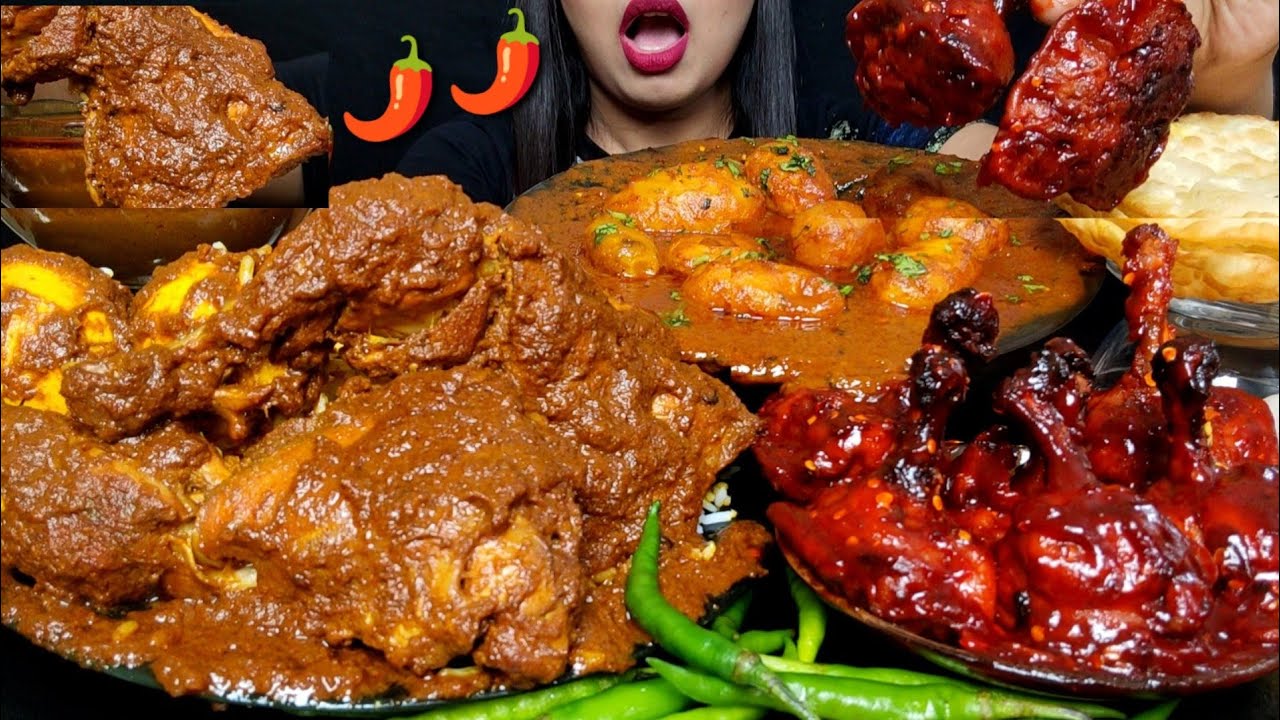 ASMR:EATING SPICY CHICKEN & EGG CURRY,SPICY BBQ SAICY CHICKEN LOLLIPOP,POTATO CURRY,RICE#hungrygirl