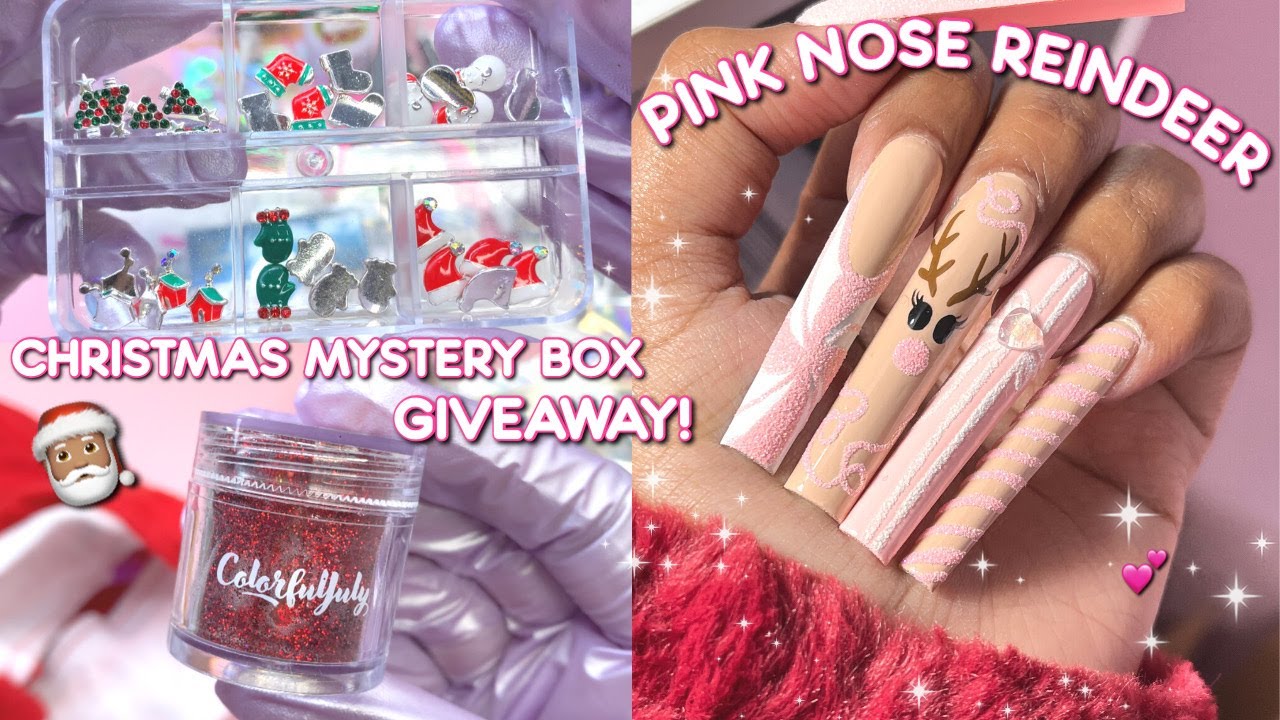 TRYING COLORFUL JULY'S HUGE NAIL ART MYSTERY BOX! PINK REINDEER NAILS | CHRISTMAS NAIL ART