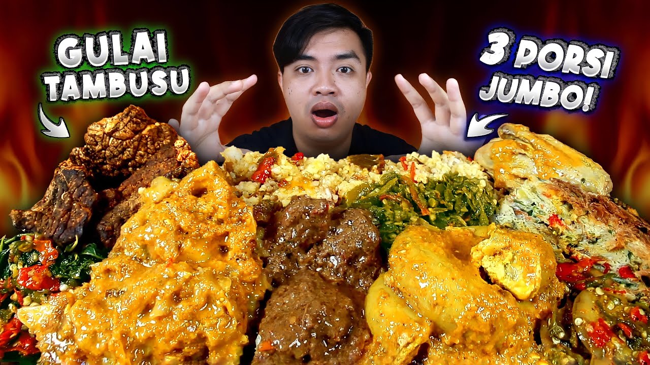 MUKBANG 3 BUNGKUS NASI PADANG JUMBO + PAKAI SEMUA LAUK TAMBUSU, KIKIL, RENDANG