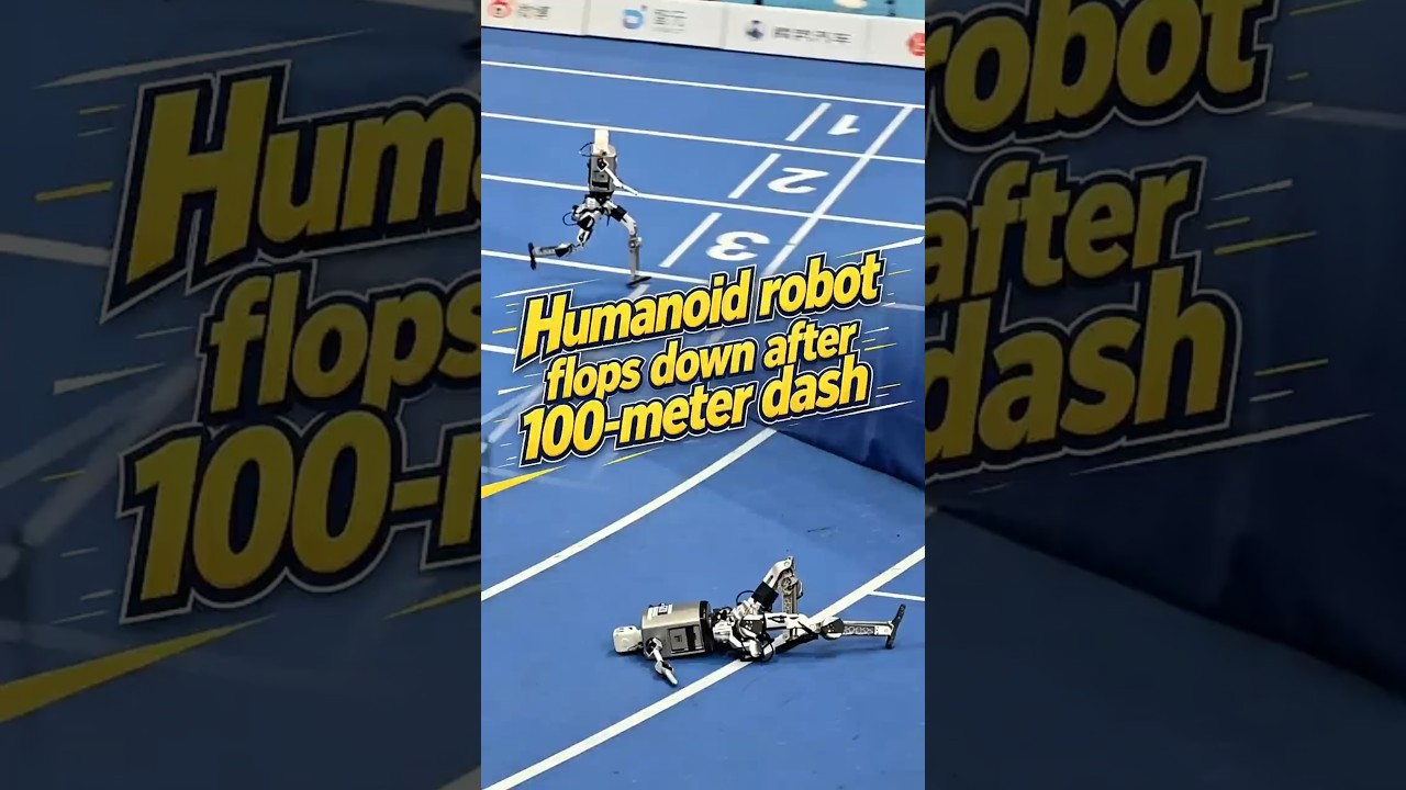 Exhausted humanoid robot flops down after 100-meter dash