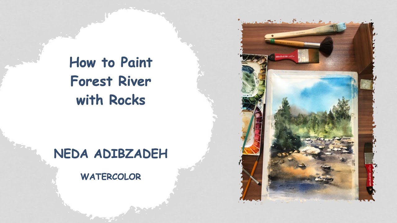 How to Paint a Forest River with Rocks in watercolor