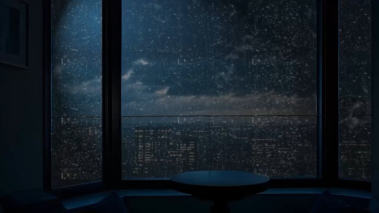 Heavy Rain on Window 🌙 Cozy Bedroom with Hotel Night View