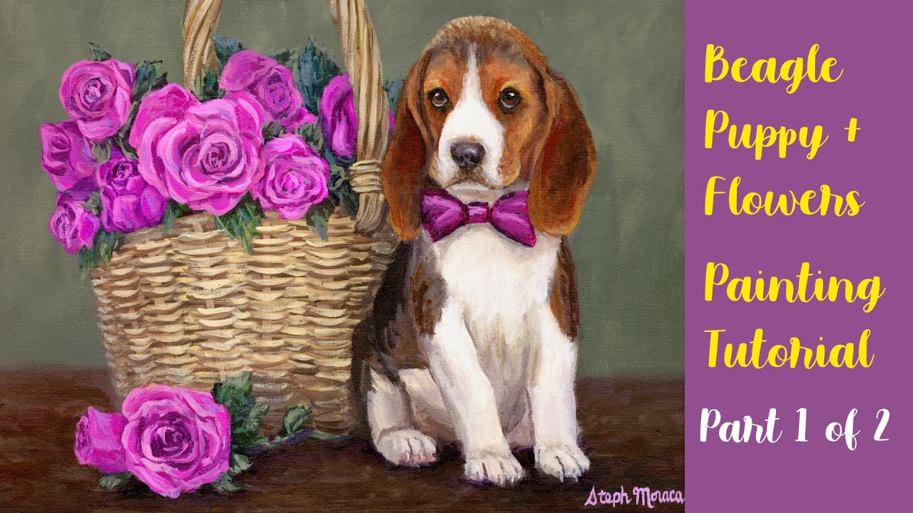 Beagle Puppy  + Flowers Acrylic Painting Tutorial in REAL TIME, Part 1 of 2