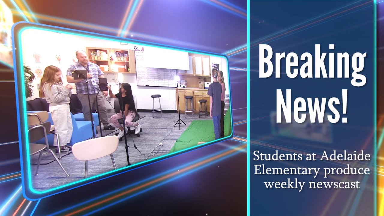 Elementary students producing newscast