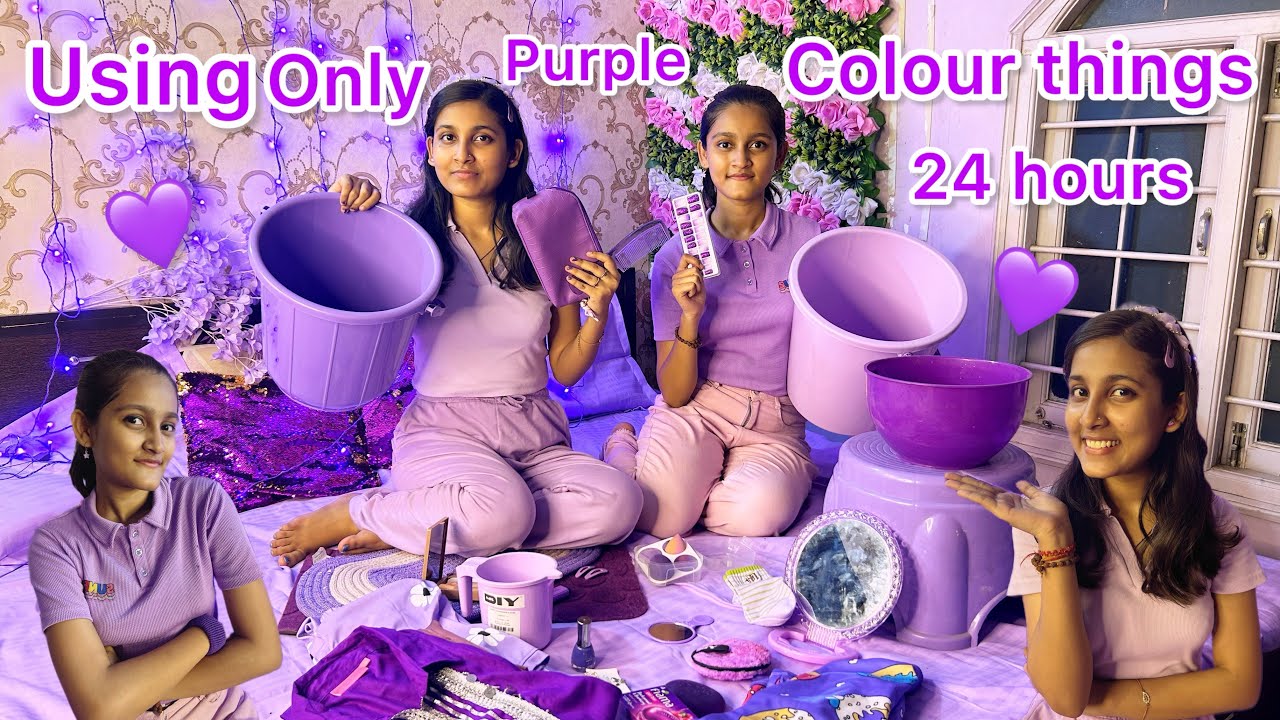 Using only purple colour things for 24 hours challenge with sister | Eating only purple colour food