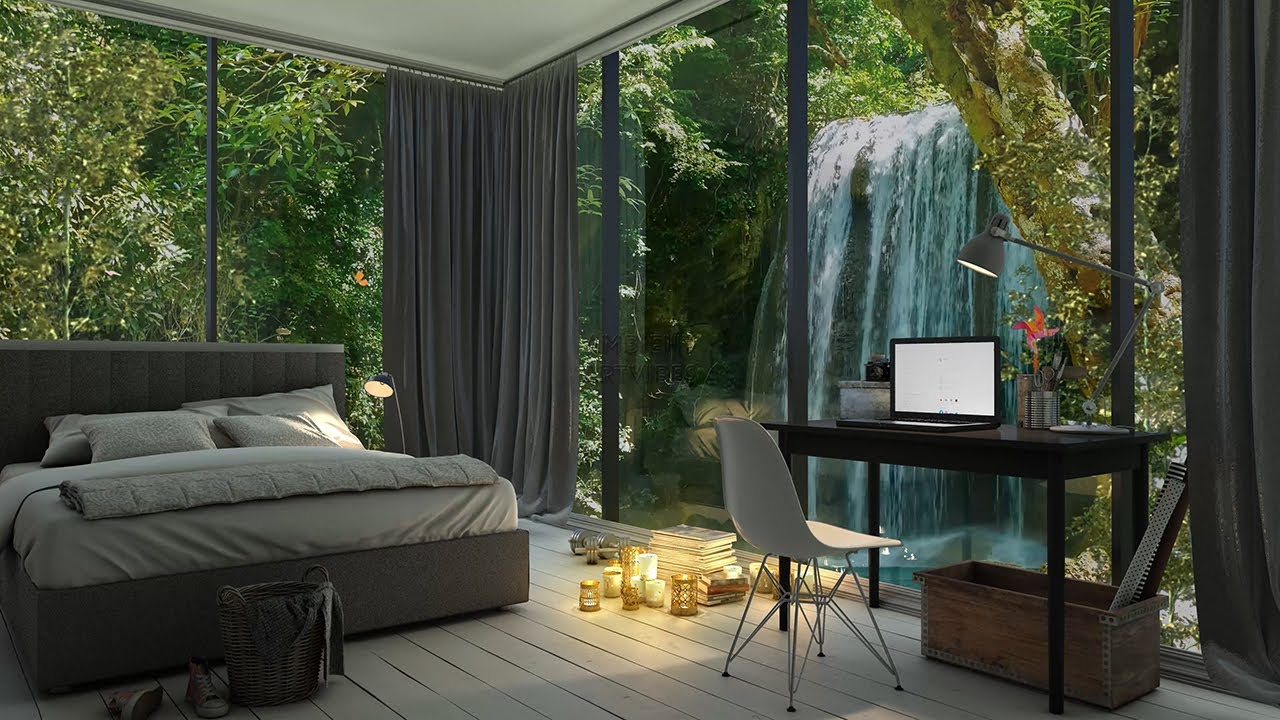 Snuggle in a Cozy bedroom with a tranquil forest waterfall backdrop (4K UltraHD)