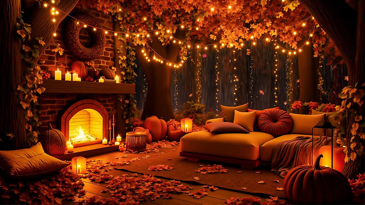Enchanted Autumn Evening 🍂 Gentle Rain, Fire Sounds in a Cozy Pumpkin Wonderland