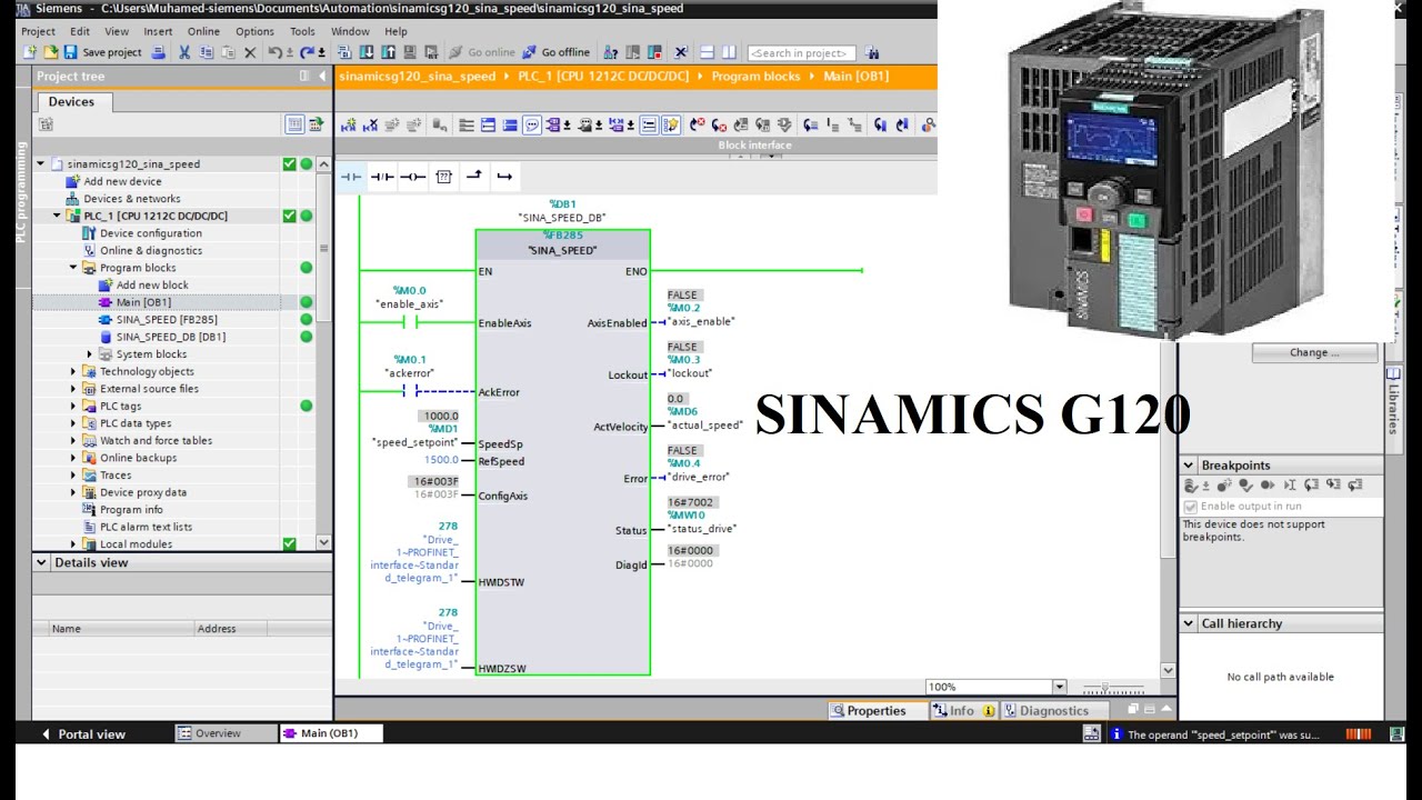 TIA Portal Sinamics G120 control speed SINA SPEED