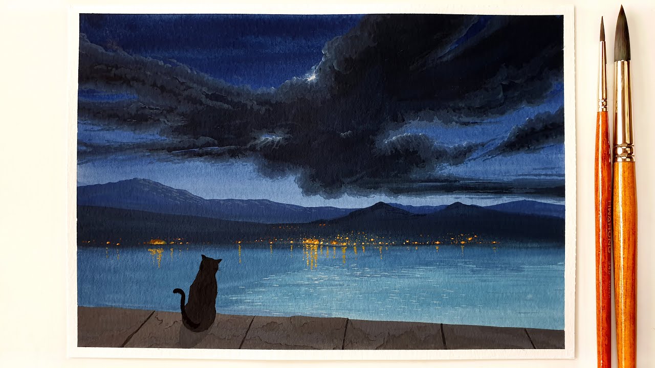 Night Scenery Painting with Gouache ｜ Calm Lake Landscape Painting