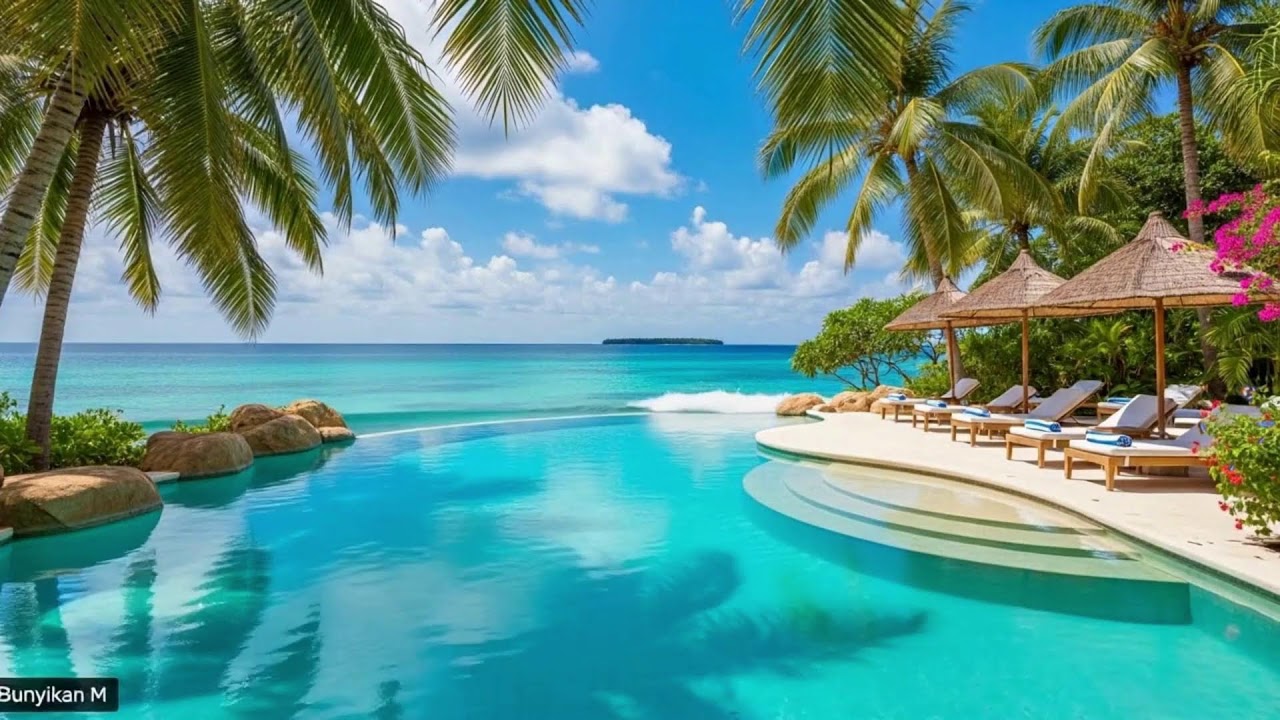 Tropical Seaside Morning with Cheerful Bossa Nova Jazz & Ocean Waves Sound in Summer for Upbeat Mood
