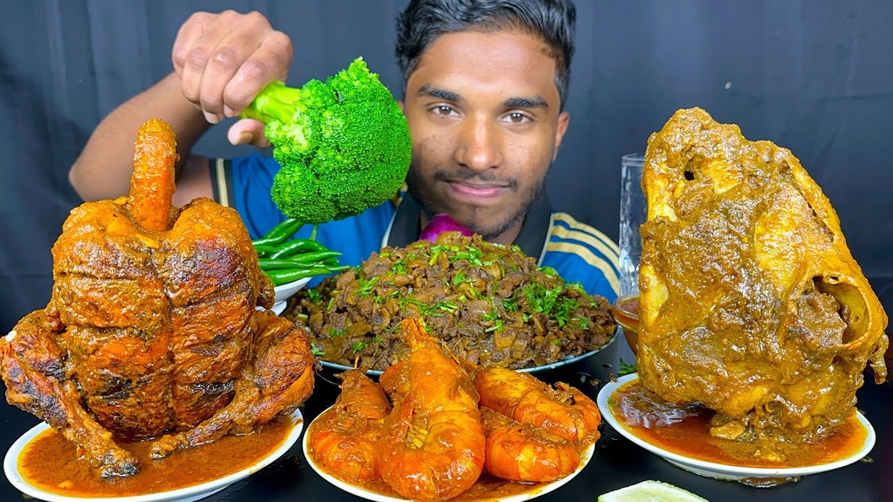 Spicy Full goat head curry, spicy mutton Boti curry and full chicken curry with rice mukbang eating