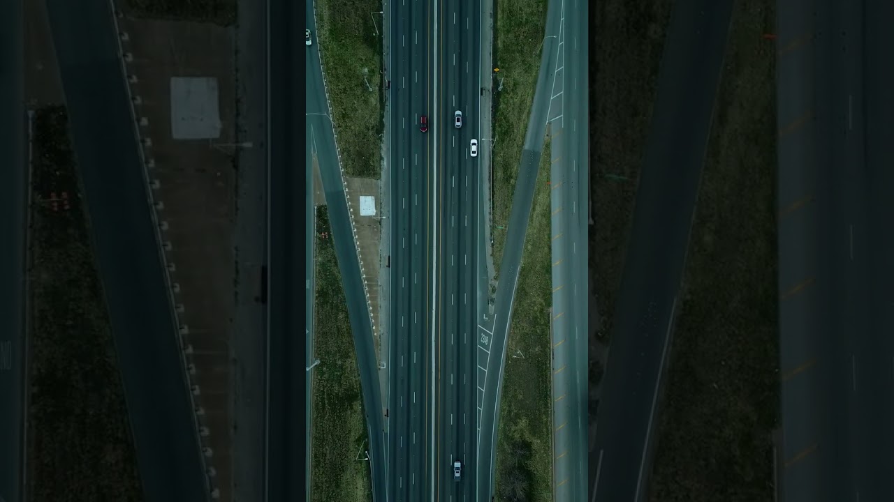 Highway with cars in an overhead aerial view