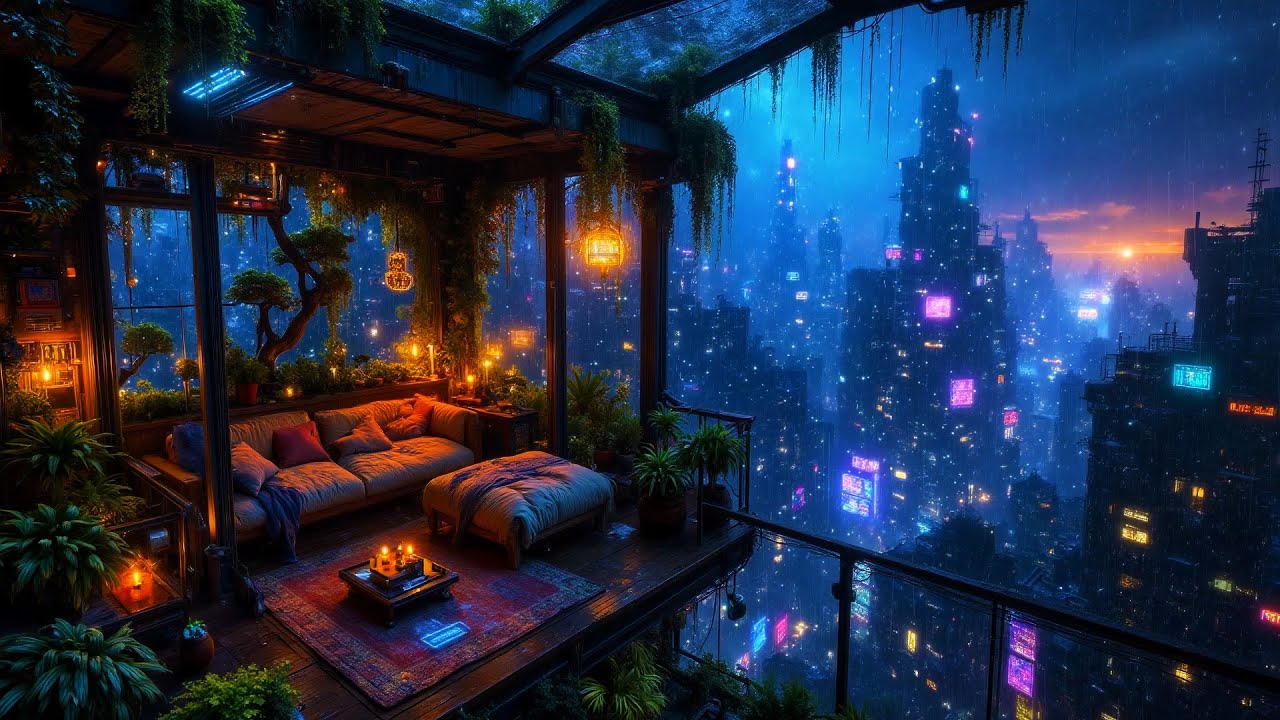Lofi Ambient &ndash; Rainy Cyberpunk Balcony with Cozy Warm Lights | Chill Vibes for Sleep & Study | 4K