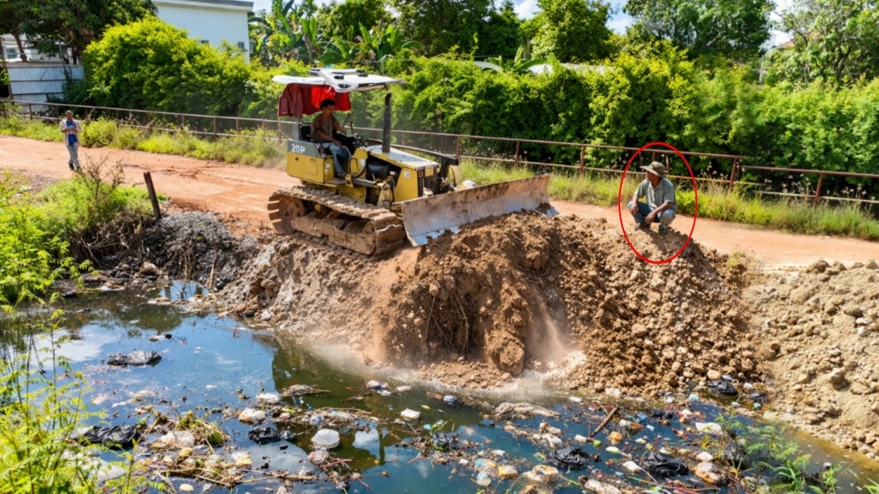 Complete100% Delete Water In The Flooded Village by Bulldozer Komat'su Push, Dump Truck Unloading So