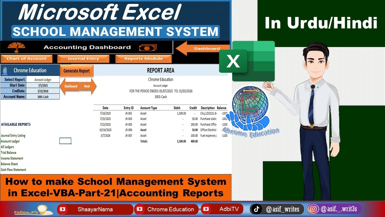 School Management System in MS-Excel-VBA Part-21|How to Make School Management Software|G Ledger