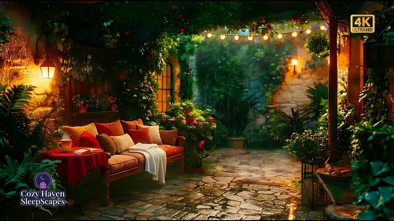 Cozy Rainy Courtyard Garden at Night | Warm Lights & Gentle Rain for Deep Sleep