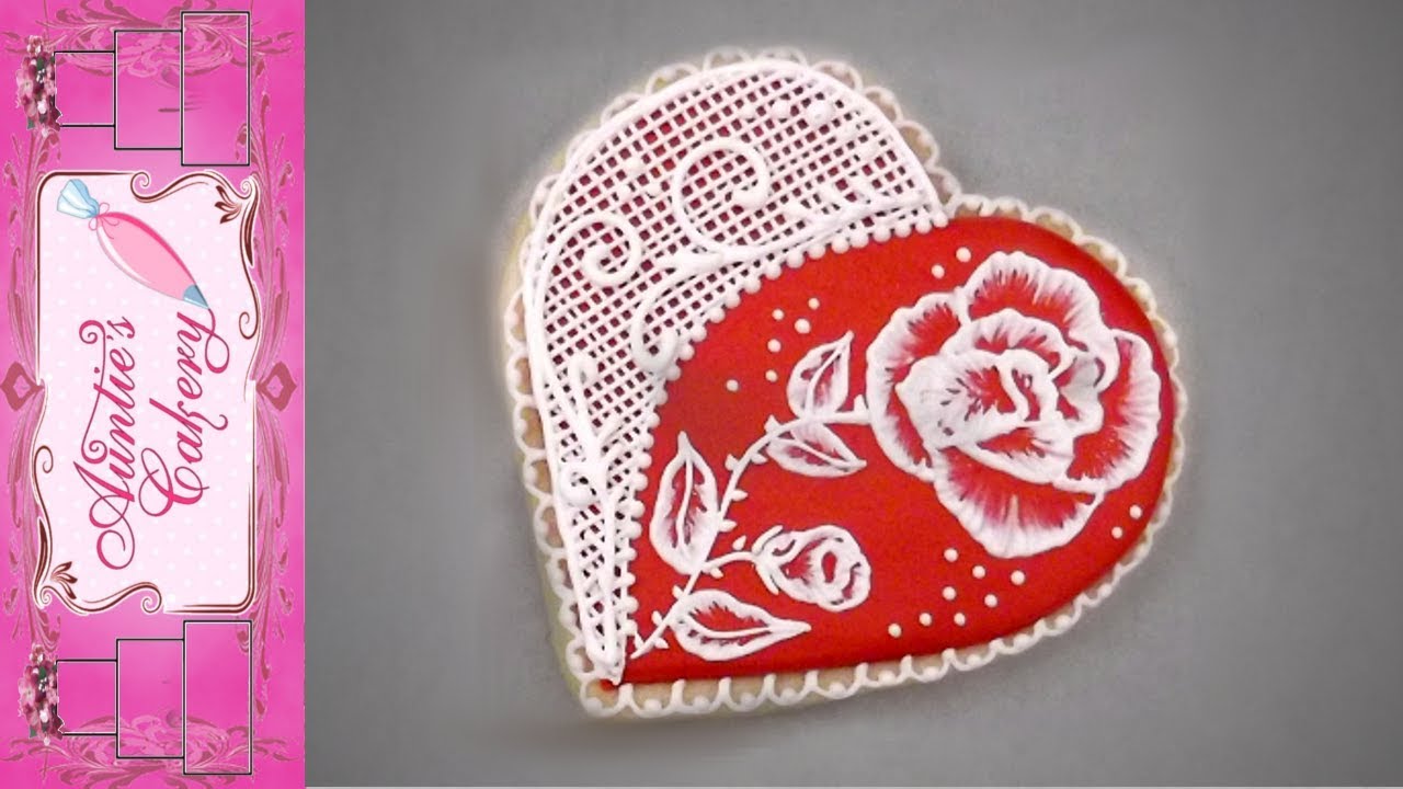 Rose and Lace Brush Embroidered Heart Cookie