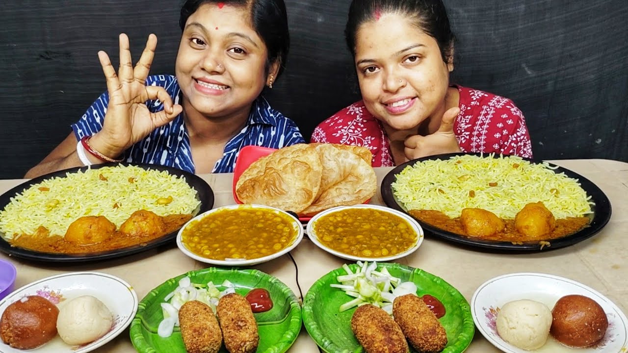 SPICY ALOOR DUM BASONTI PULAO PURI VEGETABLE CHOP RASGULLA EATING CHALLENGE // food family & more