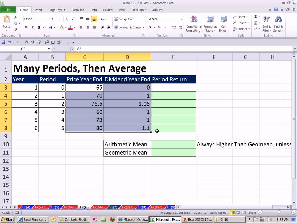 ACCTG 455: Excel Finance Class 95: Use Past Period Holding Returns to Estimate Future Returns: Mean