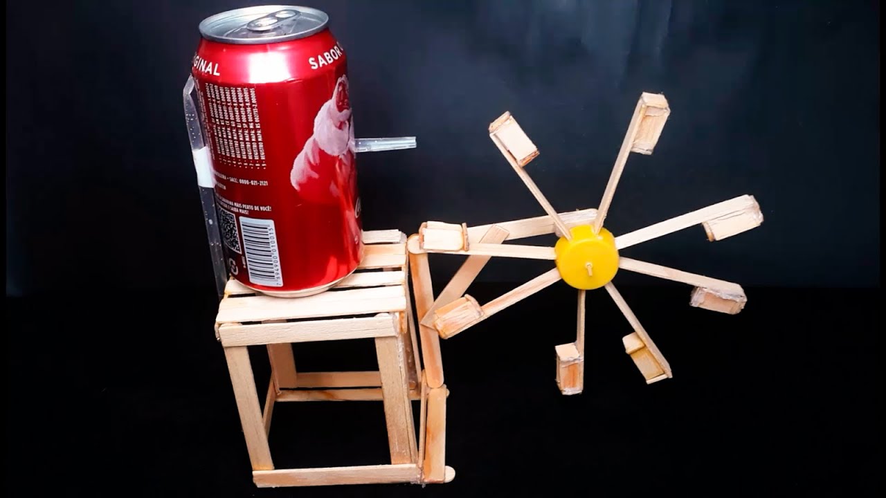 como fazer mini roda d'agua de lata de refrigerante