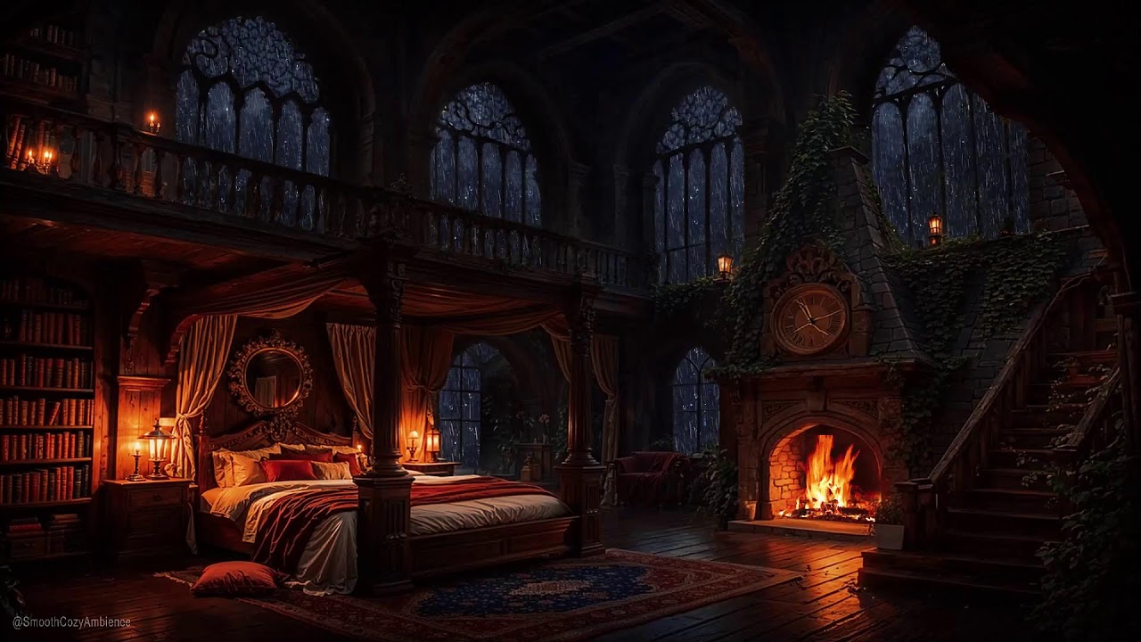 Ancient Stone Castle Room With Fireplace, Thunder & Rain Sounds