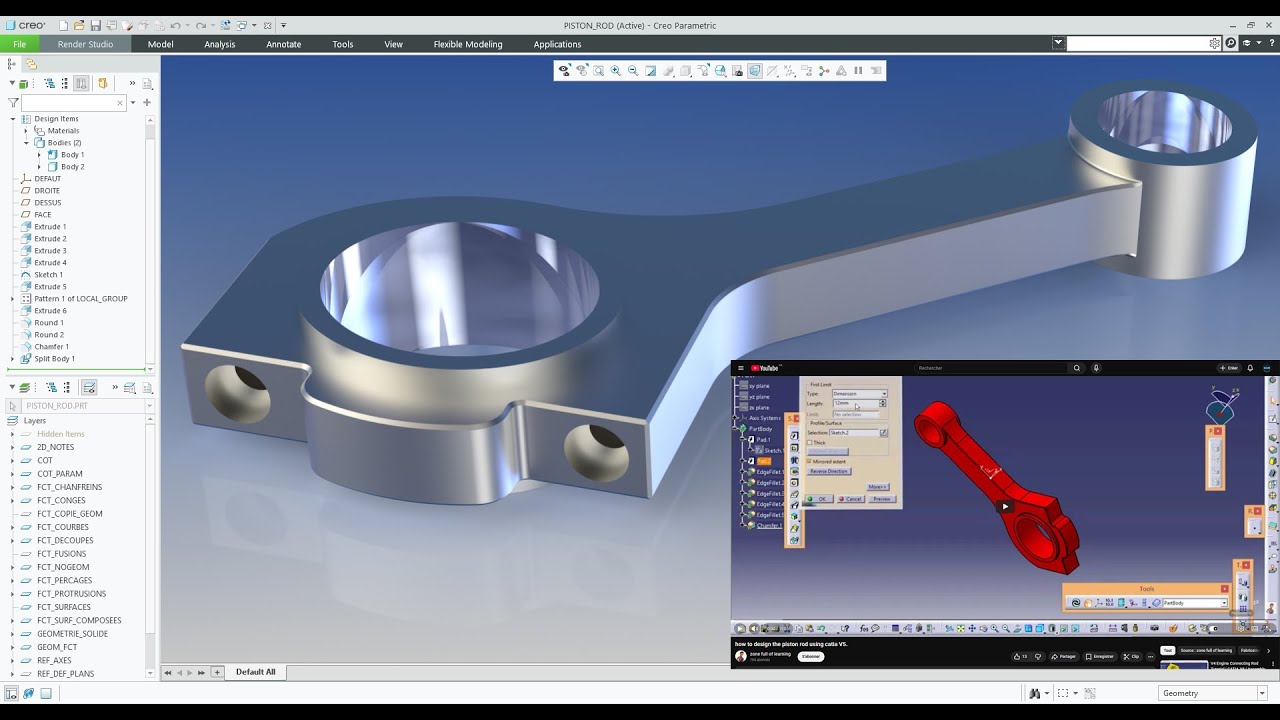 Comparatif Creo PARAMETRIC vs CATIA V5 : Modélisation d'une bielle de moteur thermique.