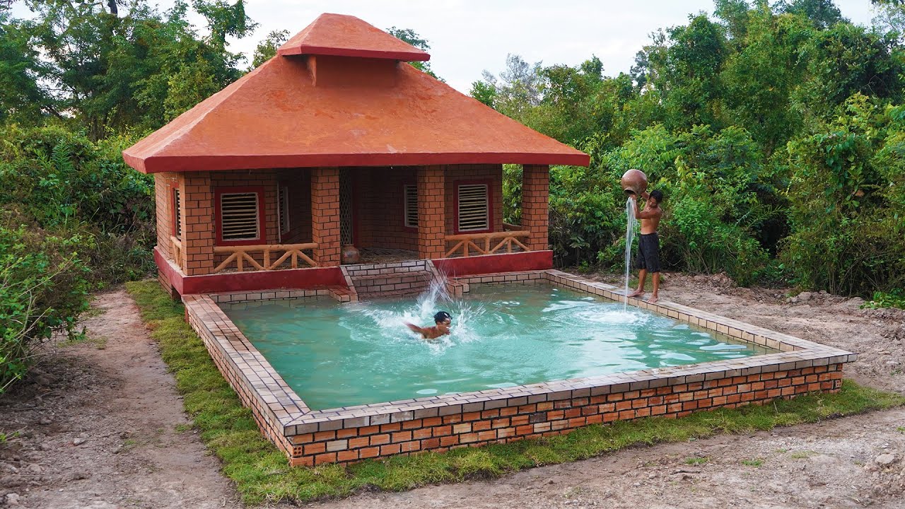 Build a Survival Mud House And a Brick Swimming Pool In The Forest
