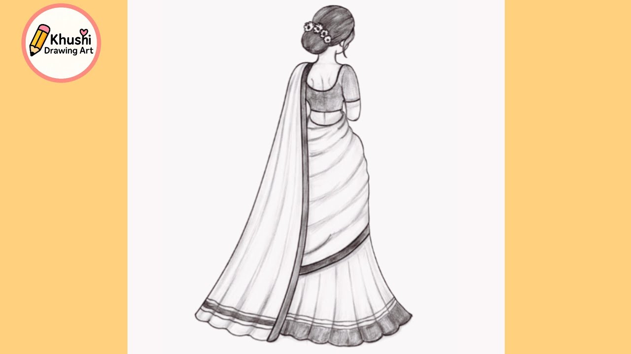 Beautiful Saree Girl Back Side Drawing ✏️ || Easy Indian Traditional Girl Drawing