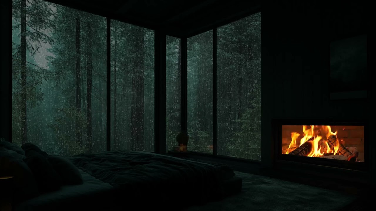 Rainy Forest View Bedroom Retreat | Gentle Rain and Warm Firelight | Calm Night for Sleep