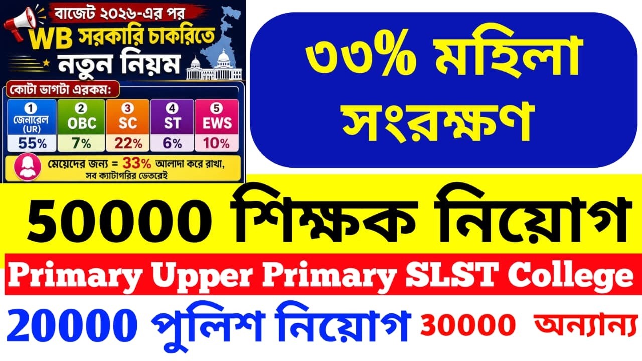 WB New Women Reservation 33% 50000 Teacher 20000 Police Recruitment 30000 Others. D.El.Ed. Result