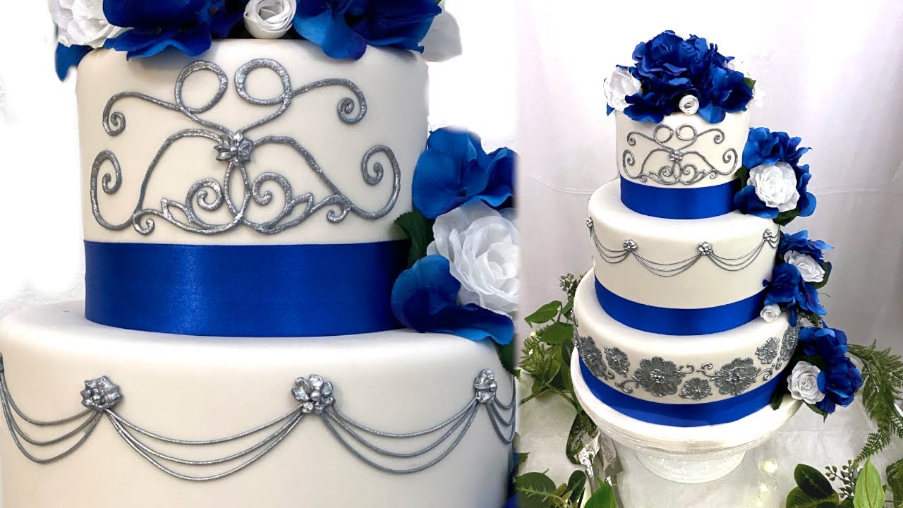Decorating a Silvery Blue Wedding Cake Cake 🍰 Vintage Stringwork Brush Embroidery Cake Tutorial