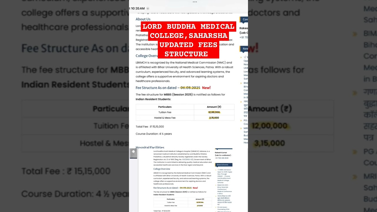 Lord Buddha medical College, Saharsa Fees Structure Revised after NMC Bill STAY